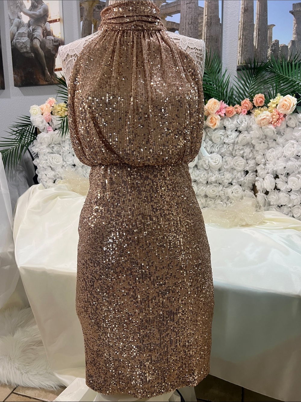 Eliza J Rose Gold Sequin Halter Mini Dress